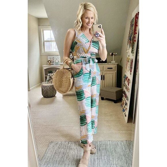 Eva Franco Pants - Eva Franco anthropologie Cropped Jumpsuit printed abstract voile halter style
